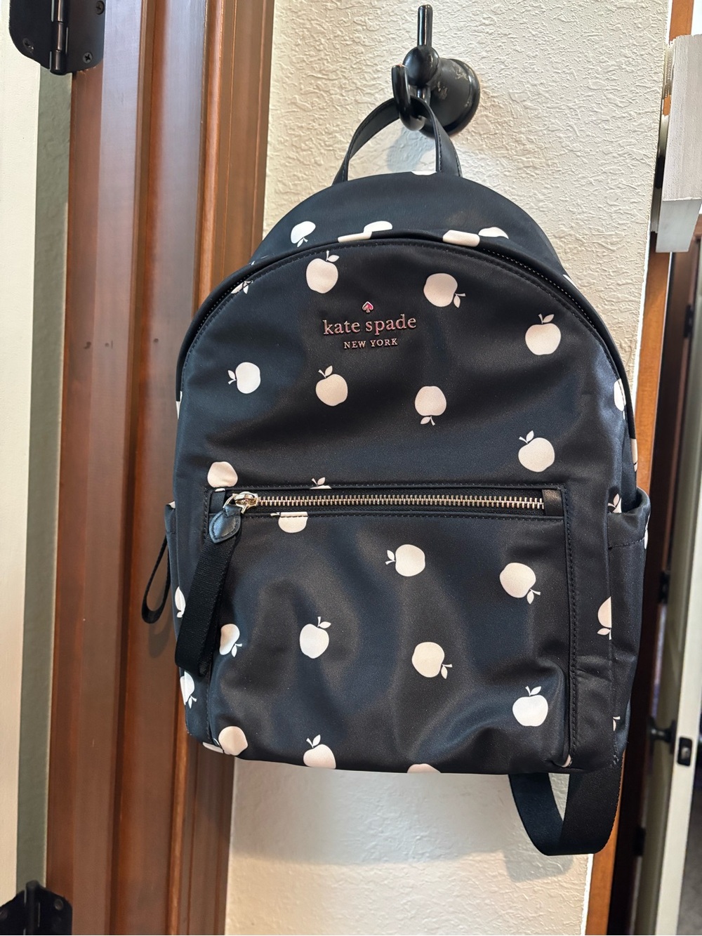 kate spade Black Mini Backpack with Cream Apple Print